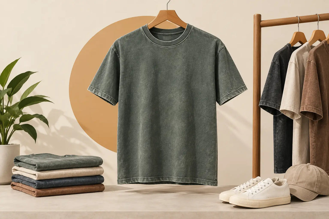 Illustration of a charcoal vintage-wash T-shirt on a wooden hanger beside a rail of neutral-coloured tees