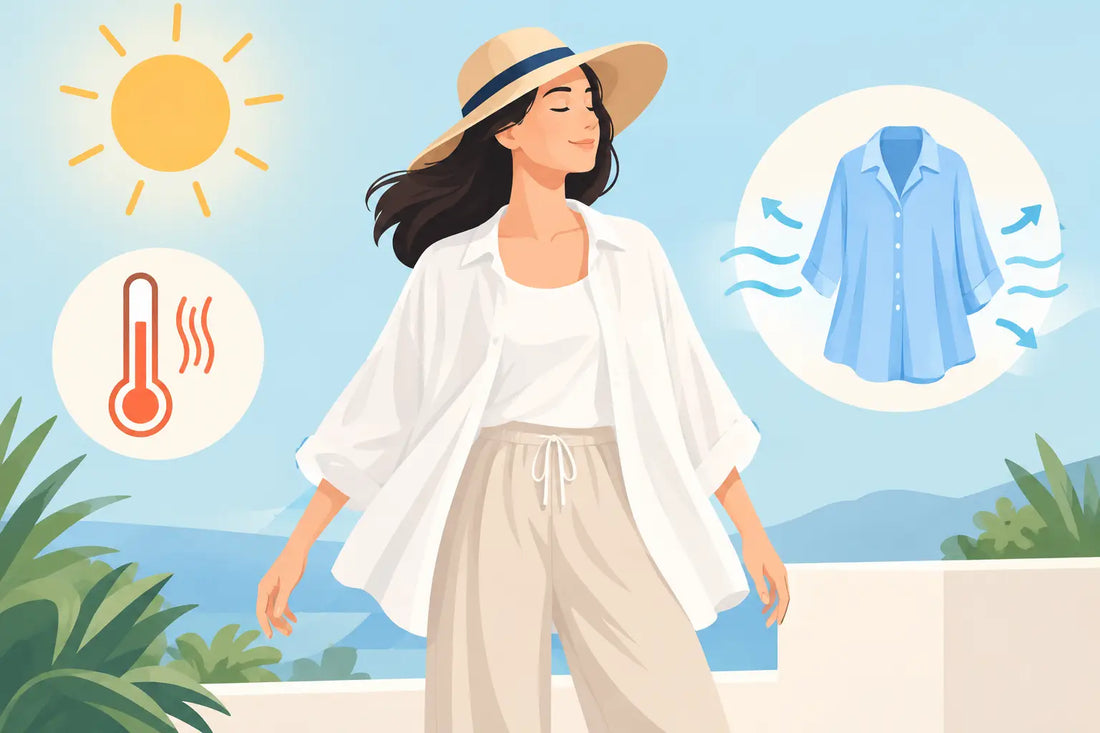 Illustration of a woman in a loose white shirt and sun hat beside a blue shirt and arrows representing airflow