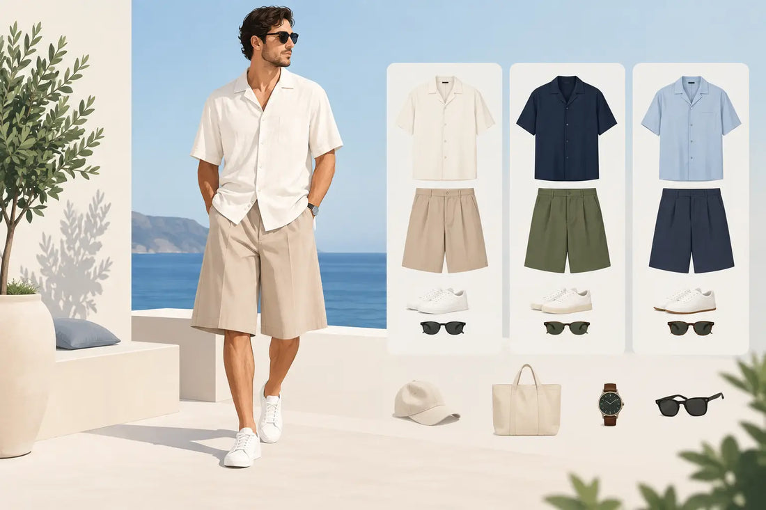 Illustrative image of wide shorts styled with shirts in neutral colours