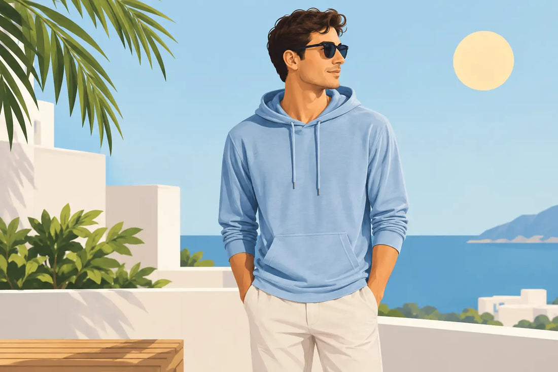 Styling illustration of a man wearing a light-blue pullover hoodie and sunglasses outdoors.