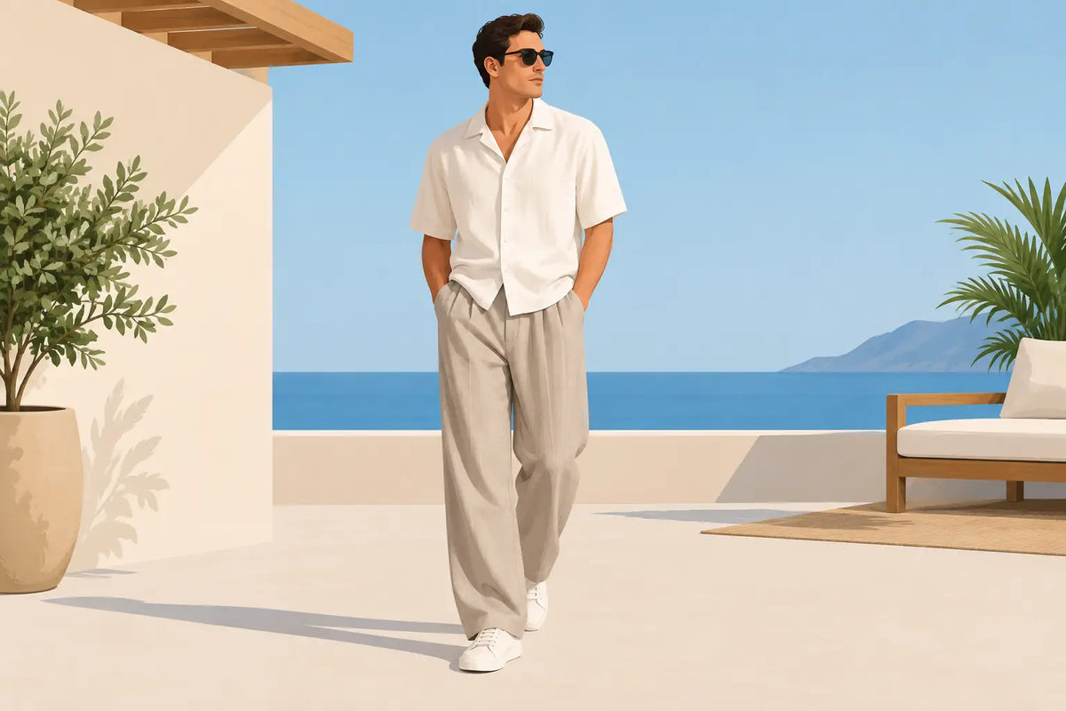 رسم توضيحي لرجل ببنطلون بيج واسع وقميص أبيض بأزرار وأكمام قصيرة وسنيكرز أبيض على تراس بجانب البحر.