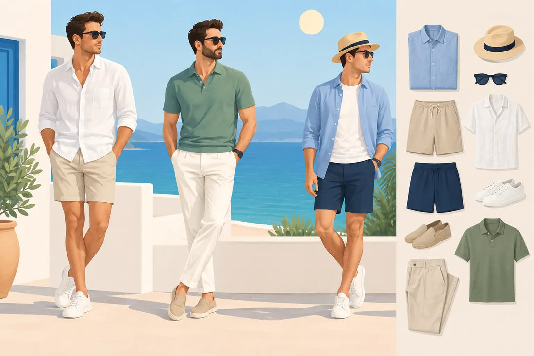 Styling illustration of men in shirts and a polo, with shorts and accessories shown alongside