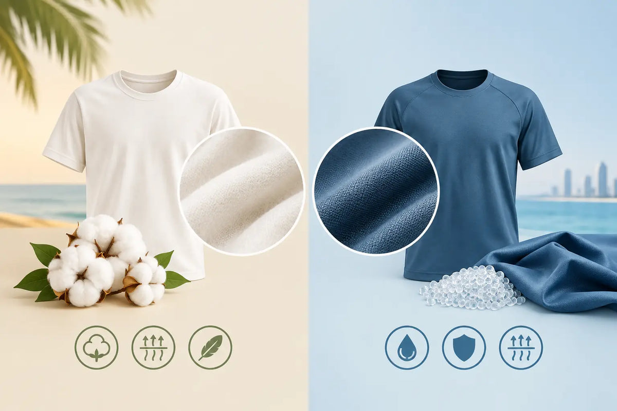 Illustration of a white T-shirt and a blue T-shirt with enlarged fabric textures