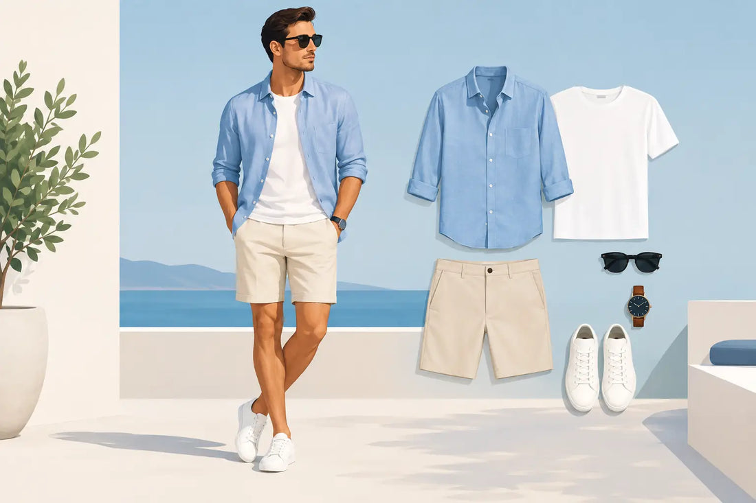 Illustrative image of an open blue shirt over a white tee with beige shorts