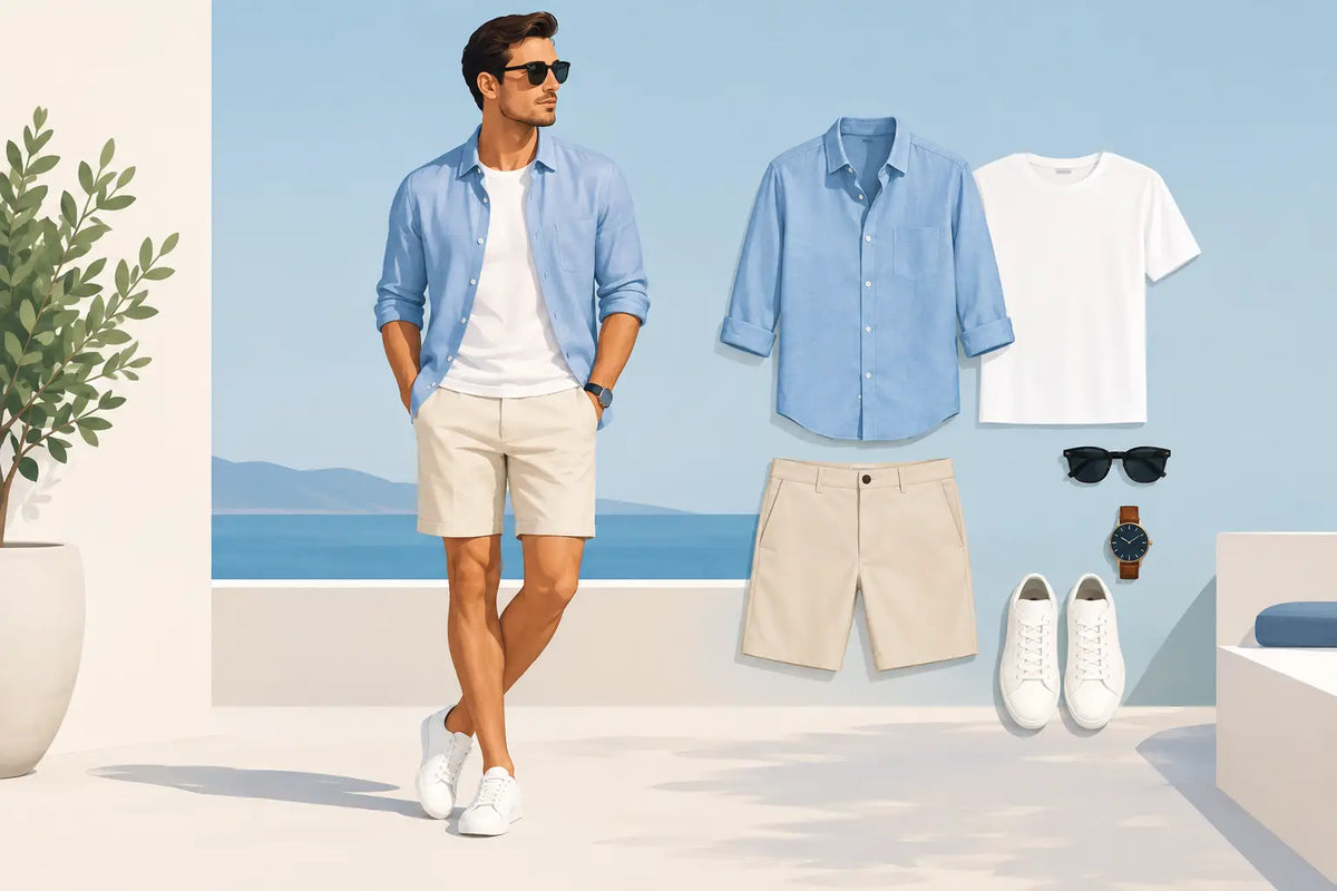 Illustrative image of an open blue shirt over a white tee with beige shorts