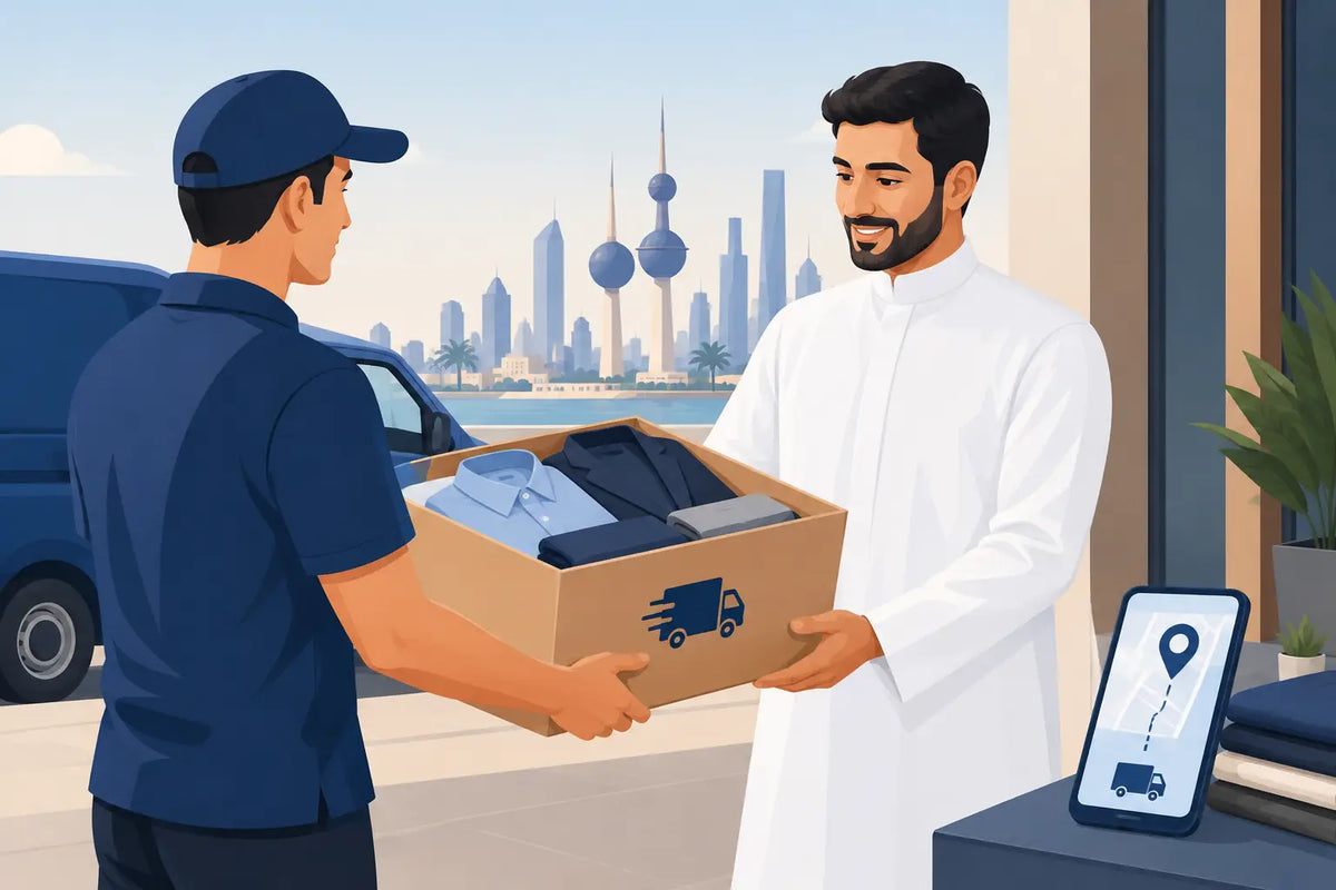 رسم توضيحي لمندوب يسلم صندوق ملابس إلى عميل في الكويت