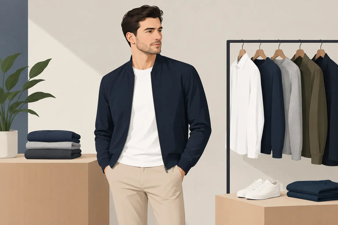 Illustration of logo-free men’s clothing in neutral colours