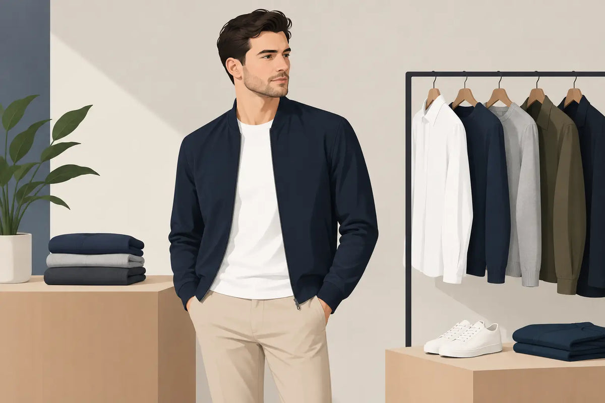 Illustration of logo-free men’s clothing in neutral colours