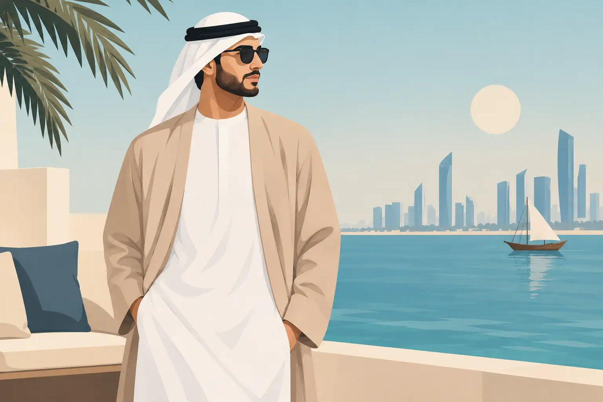 Illustration of a man wearing a ghutra, sunglasses and a beige outer layer over a white top beside a waterfront