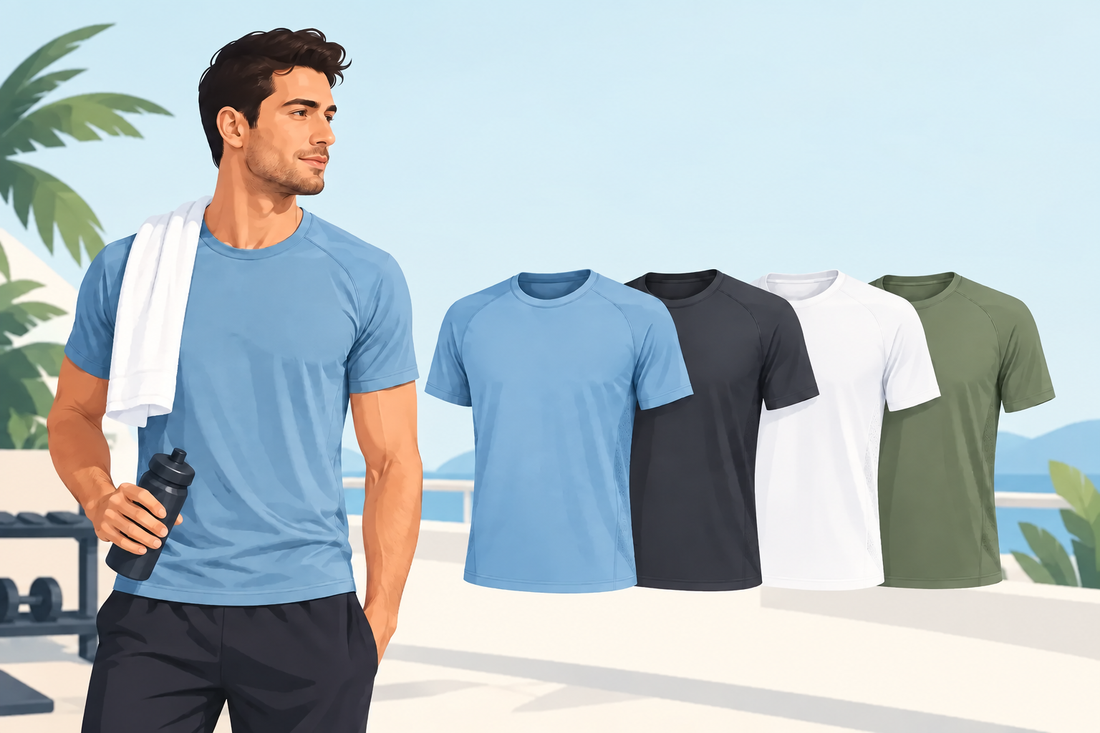 Illustration of a man in a blue tee alongside gym T-shirts in different colours