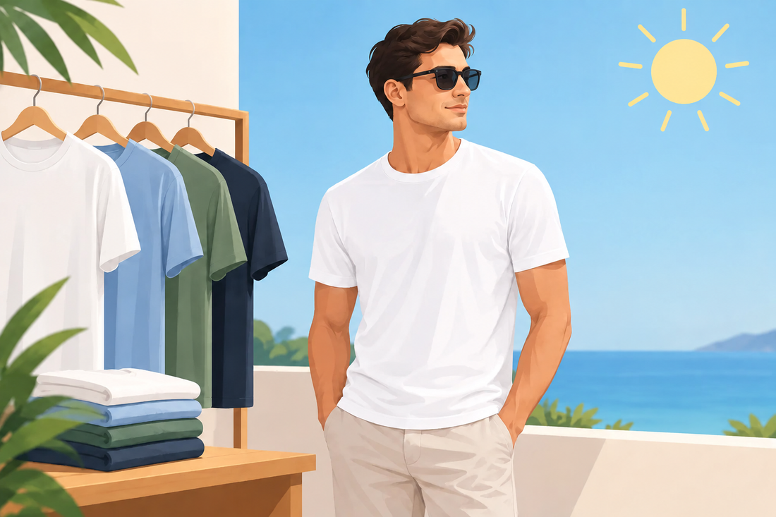 Illustration of a man in a white T-shirt and a selection of T-shirts in a summer setting