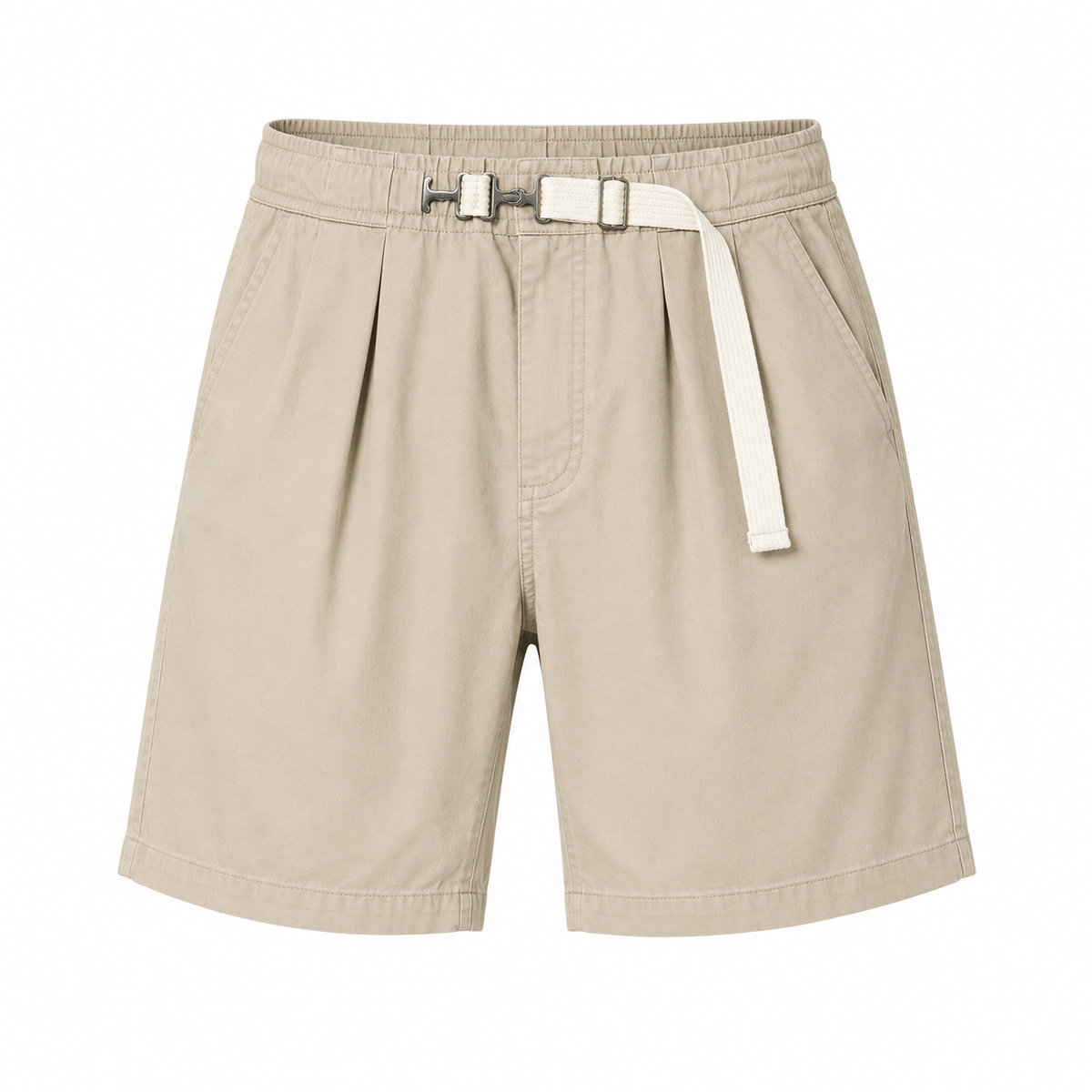 Apricot pleated men's shorts flat view with elastic waistband and webbing belt
