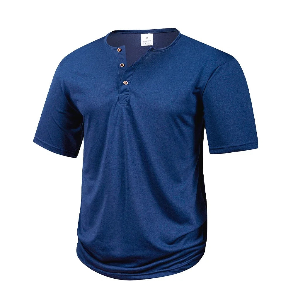 Navy blue lightweight henley with curved hem, front view