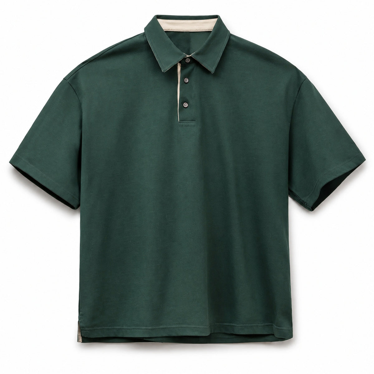 Forest green retro polo with contrast tape placket, flat front view