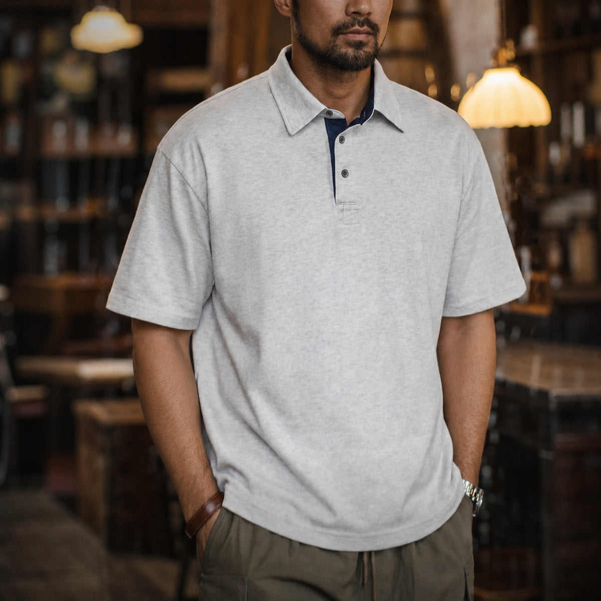 Man wearing the heather grey retro polo with olive trousers