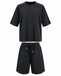 H-ZK-6X763 men's black oversized T-shirt and shorts set on invisible mannequins, front view on white