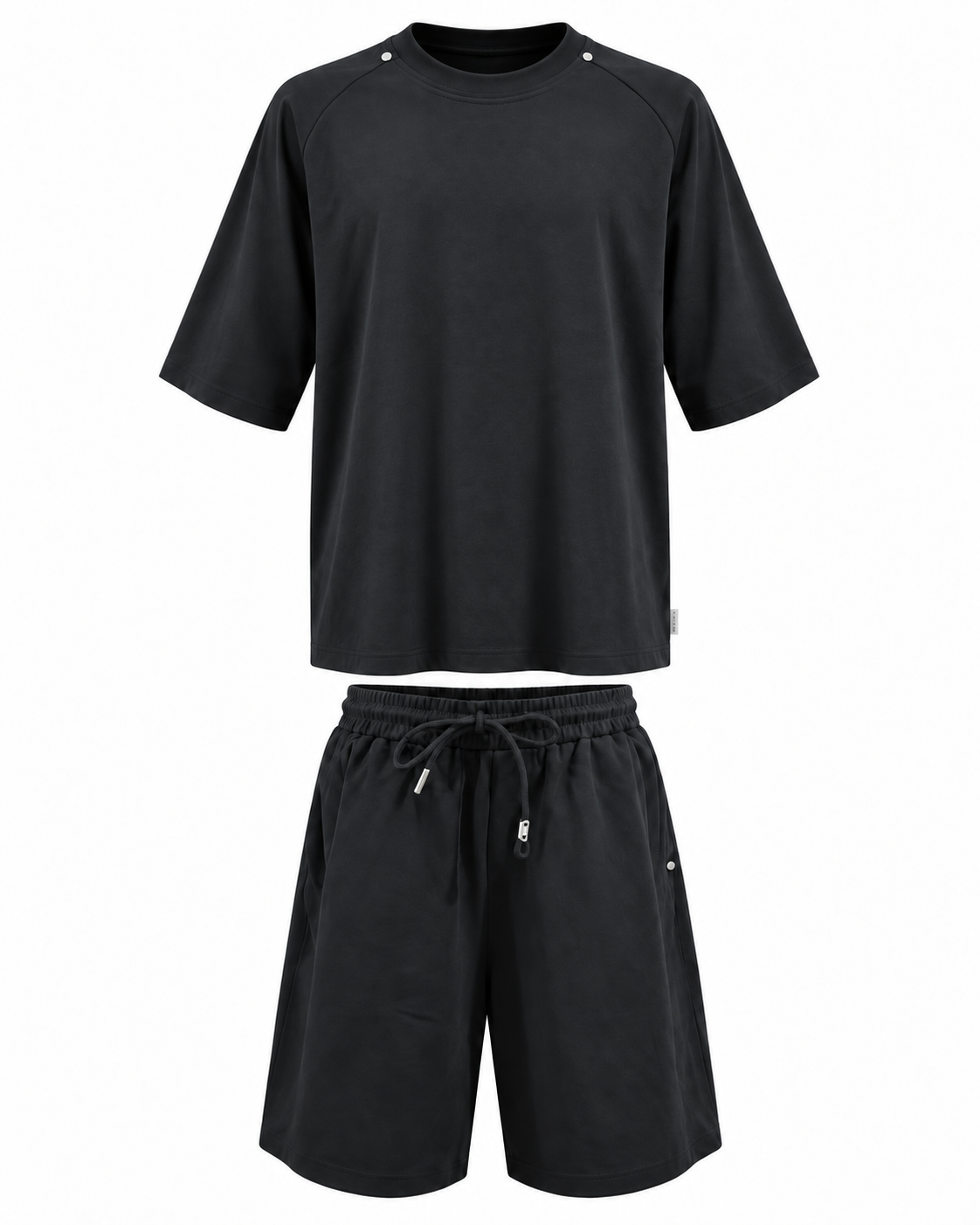 H-ZK-6X763 men's black oversized T-shirt and shorts set on invisible mannequins, front view on white
