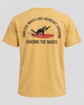 Surf Cat Tee in mustard yellow, back view on an invisible mannequin, yellow T-shirt only; no white undershirt included.